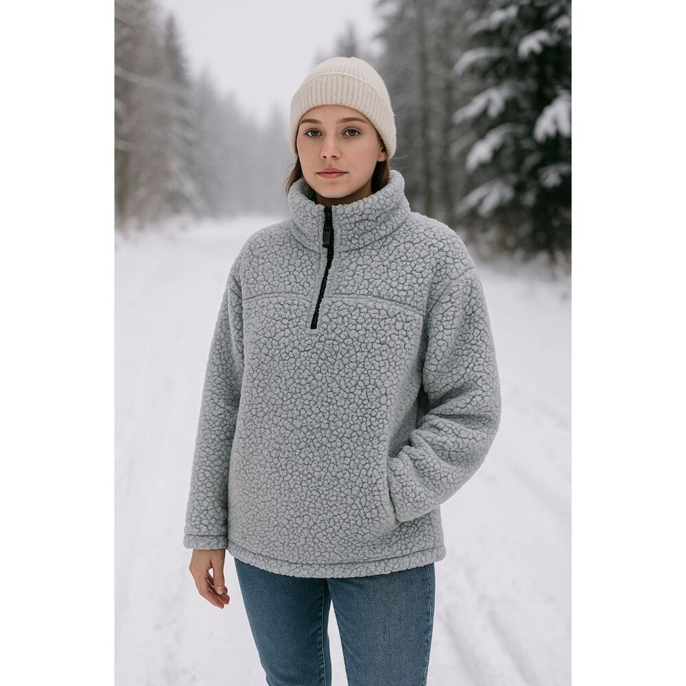 Green Tea Sherpa Fleece Pullover XL Gray Cozy Quarter Zip Teddy Jacket Retro Y2K